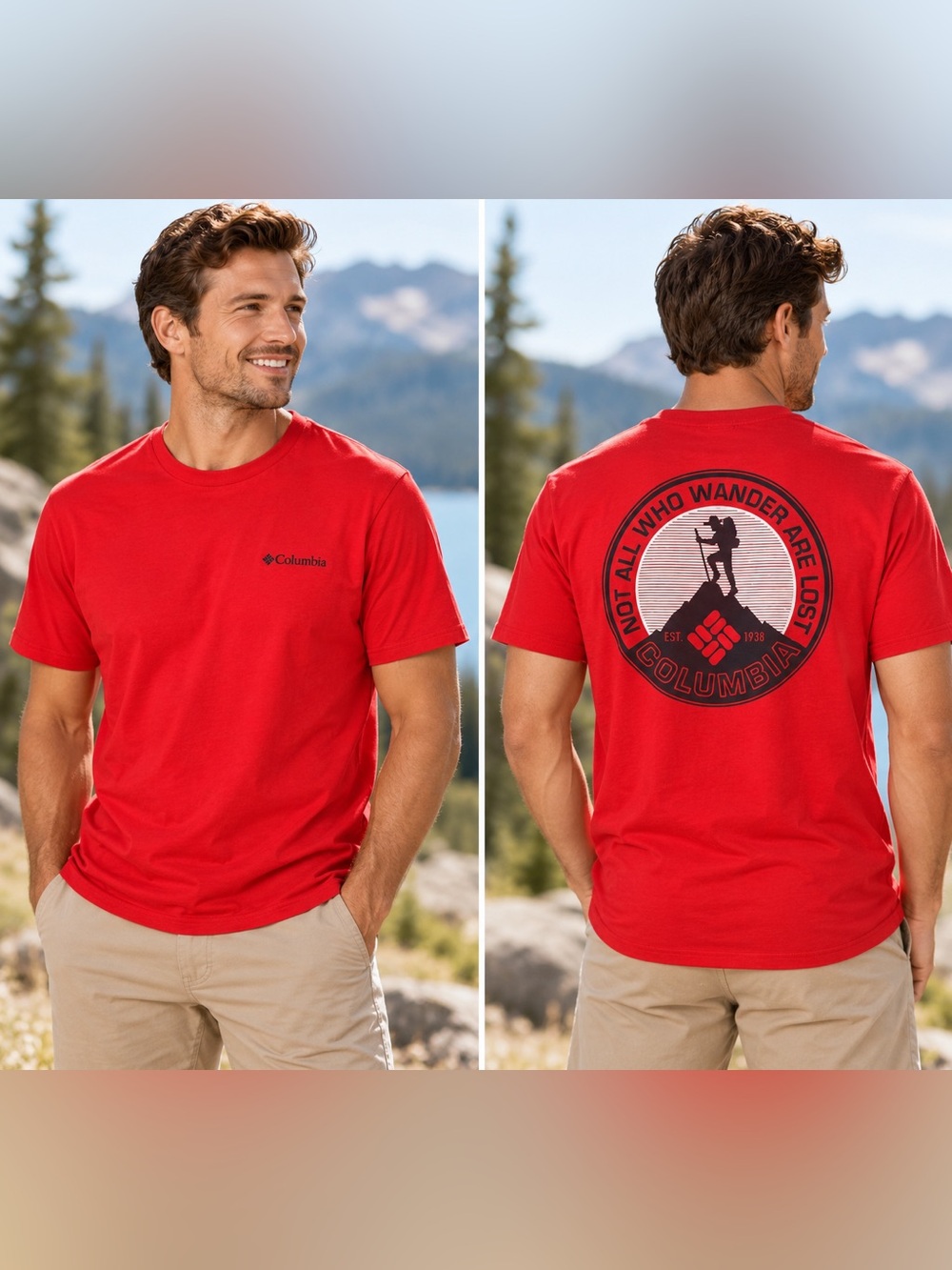 Columbia Men’s L Red Graphic T-Shirt Outdoor Hiking Mountain Back Print